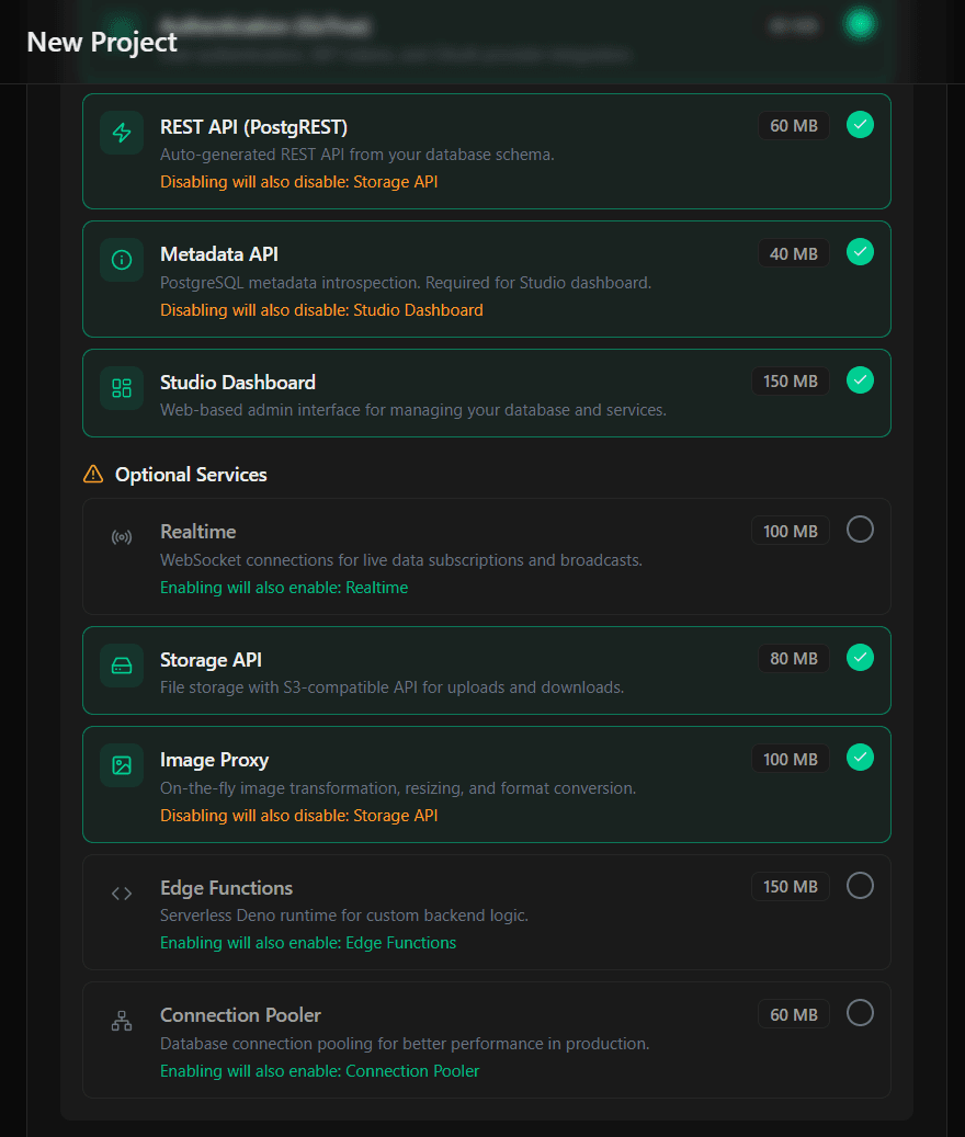 Choose resources during project creation